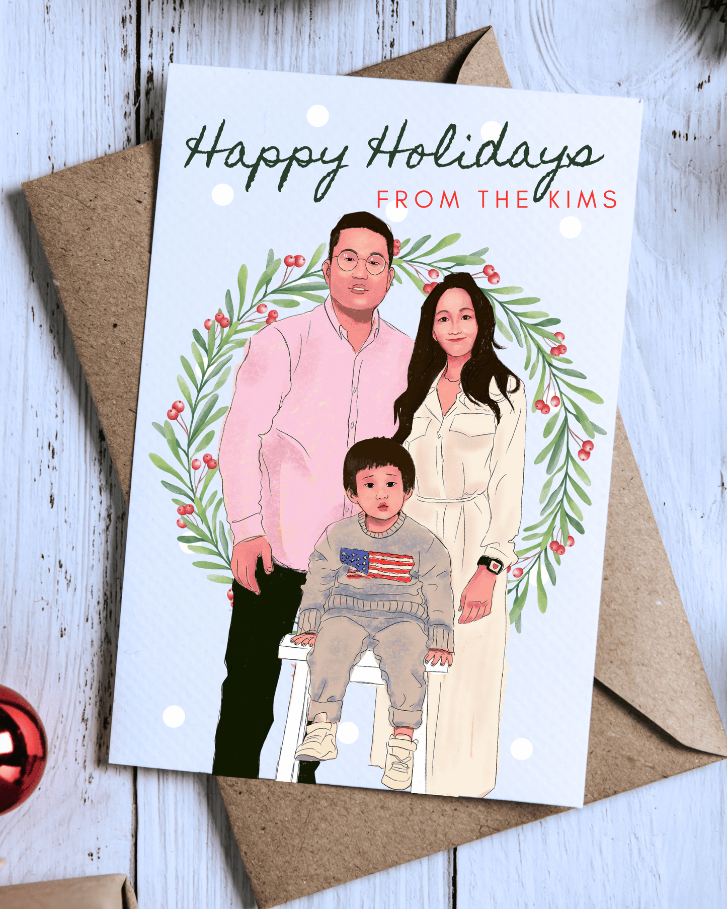 holiday card, digital card, personalized Christmas card. A Korean husband wife and young sun digital full body portrait. 