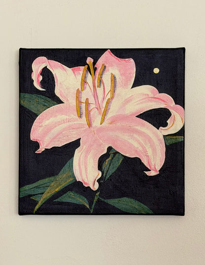 Canvas print of a pink lily flower on a black background