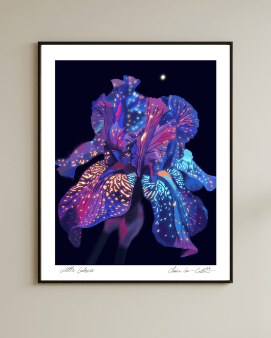 Framed artwork of a rainbow colorful flower that looks galactic like space on a black background with white boarders on a beige wall
