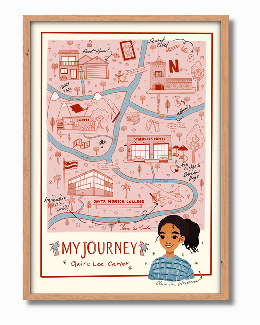 A special pink, red, and blue color pallet version of your journey map. This map includes 5 locations like the schools CalArts, & Santa Monica College, & starbucks. It also features a caricature of you at the bottom of the page and red boarder. It is titled My Journey. 