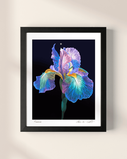 Framed artwork of a rainbow colored iris flower on a beige wall
