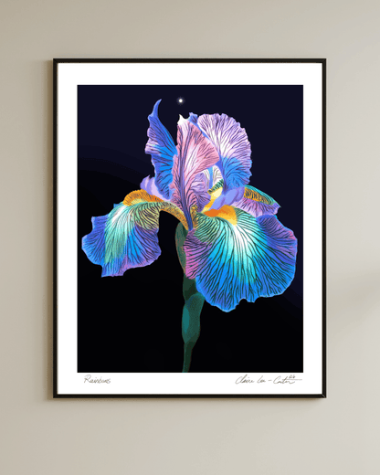 Framed artwork of a rainbow colored iris flower on a beige wall