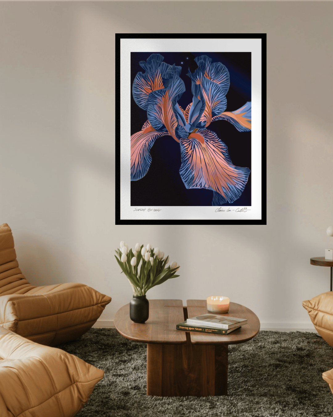 Framed fine art print of a blue and pink iris flower with a black background and a white boarder on a beige wall in a trendy living room with hipster chairs and vase of white tulips on a coffee table. 