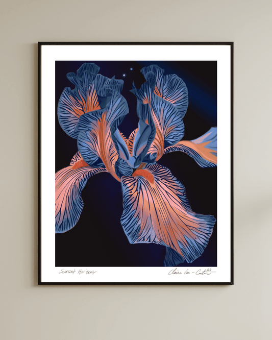 Framed fine art print of a blue and pink iris flower with a black background and a white boarder on a beige wall. 
