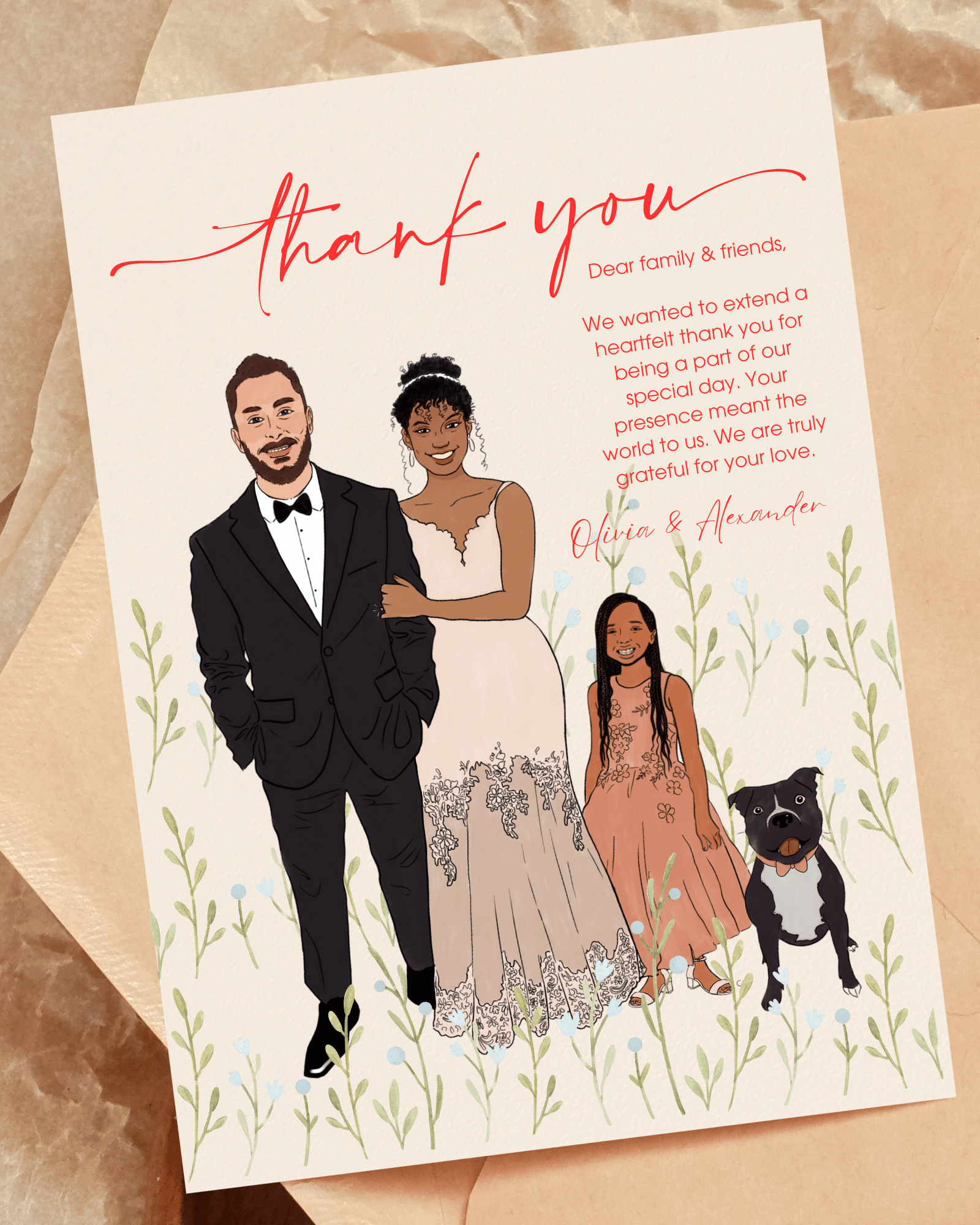 Thank you wedding card, wedding gifts, wedding invite, thank you cards, wedding invitation. A mixed families wedding thank you card